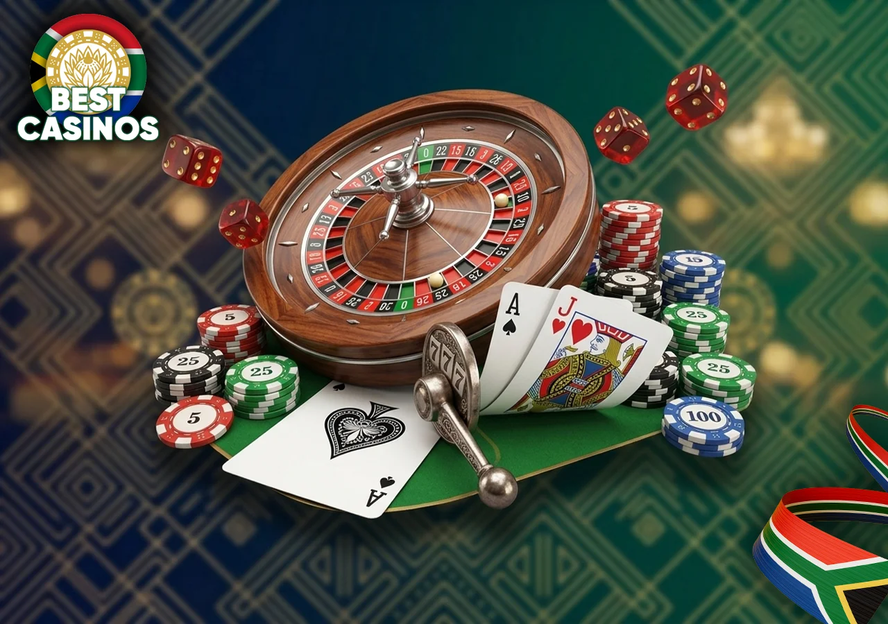 Selection of popular slots and table games in South African online casinos.